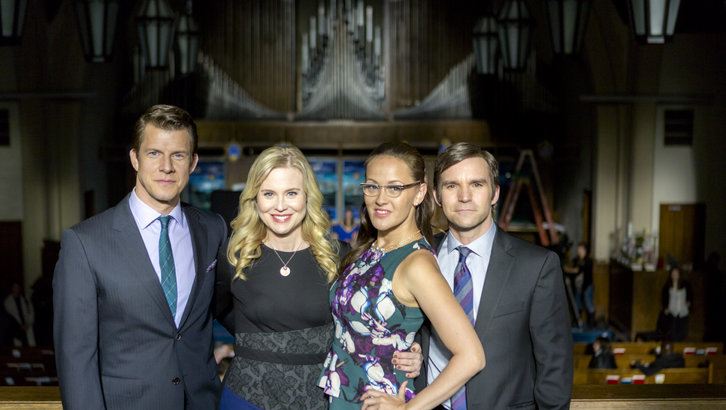 Eric Mabius, Kristin Booth, Crystal Lowe and Geoff Gustafson on the set of Signed, Sealed, Delivered: Lost Without You