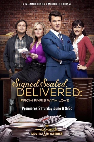  SIGNED, SEALED, DELIVERED - The Postables, Oliver, Shane, Rita and Norman, explore the mystery of true love as they deliver divorce papers to one couple the same day Oliver's missing wife reappears. Photo: Crystal Lowe, Geoff Gustafson, Eric Mabius, Kristin Booth Photo Credit: Copyright 2015 Crown Media United States LLC/Photographer: Bettina Strauss